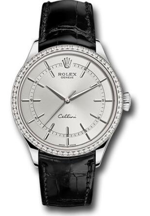 Replica Rolex Cellini Time Watch 50709RBR White Gold Rhodium Dial Black Leather Strap - Click Image to Close